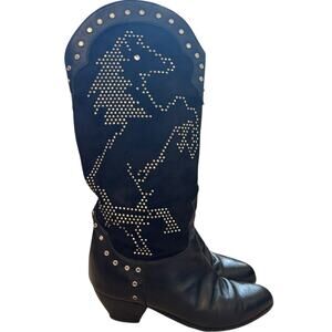 Vintage 1980s La Marca Black Horse Studded Suede Western Boots Cowgirl OOAK Rare
